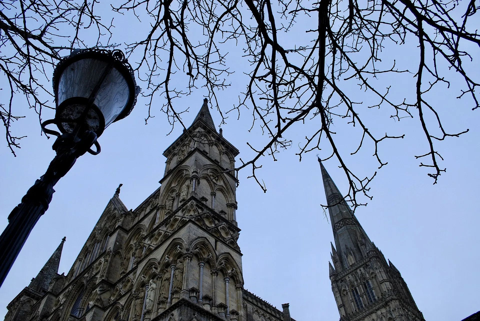 Salisbury Cathedral and its spire seen across the Cathedral Close