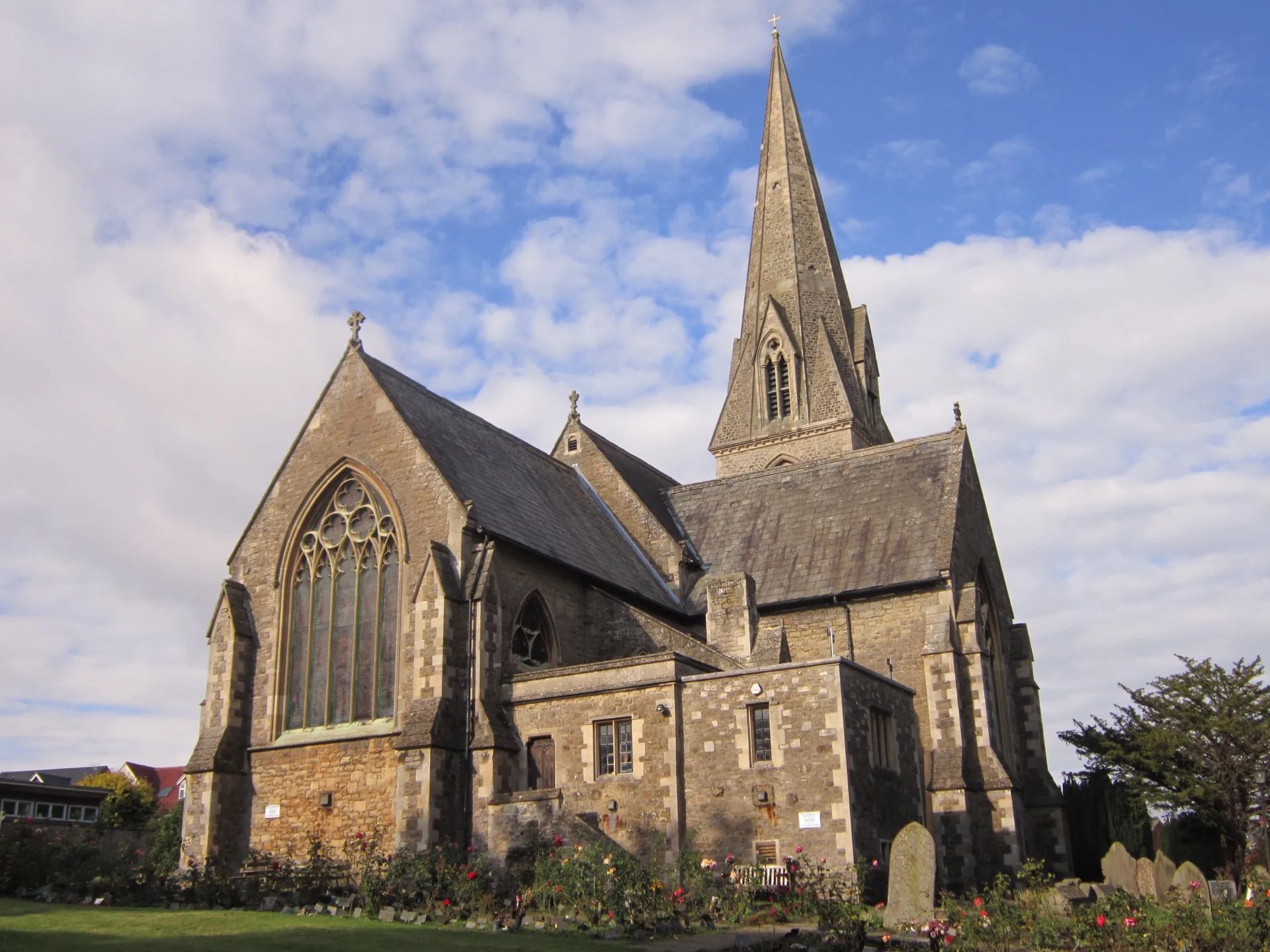 The spire and chancel of Christ Church in Swindon Old Town seen from the northeast