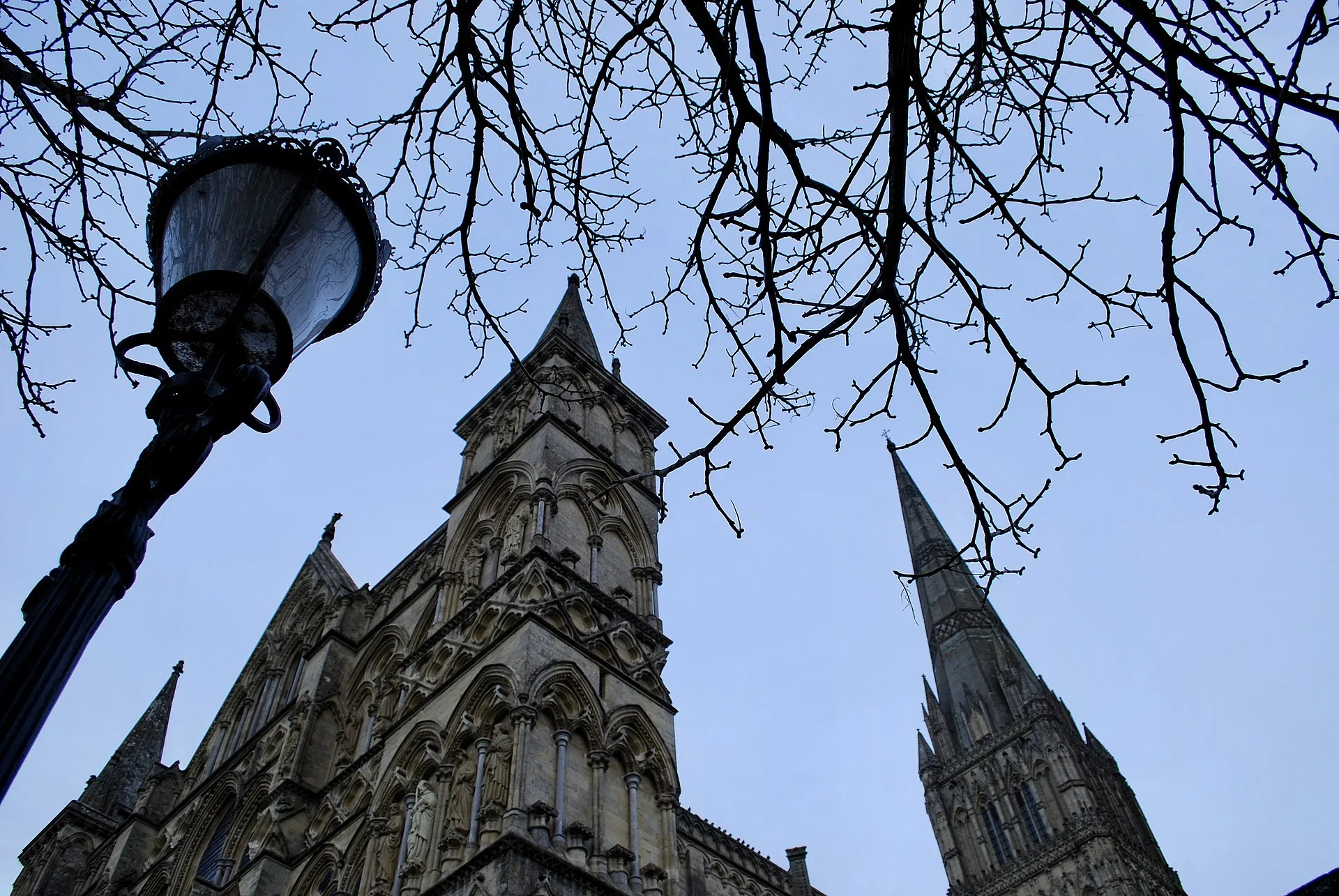Salisbury Cathedral and its spire seen across the Cathedral Close